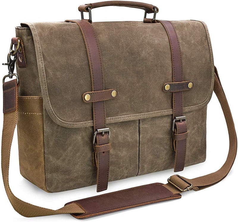 NEWHEY Mens Messenger Bag 15.6 Inch Waterproof Vintage Genuine Leather Waxed Canvas Briefcase Large Satchel Shoulder Bag Rugged Leather Computer Laptop Bag, Khaki - Image 1